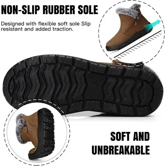 Women's Snow Boot Warm Ankle Fur Lined Booties Insulated Shoes Light Brown - Picture 5 of 6